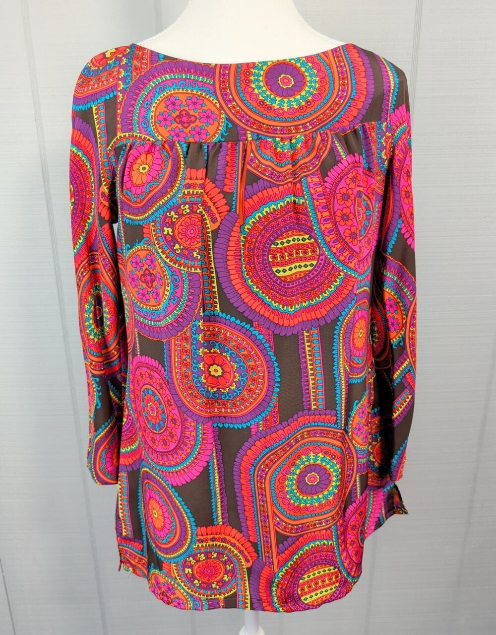 Trina Turk Silk Top Tunic Size 4 100% Cotton Abstract Floral Retro Mod 70's Club